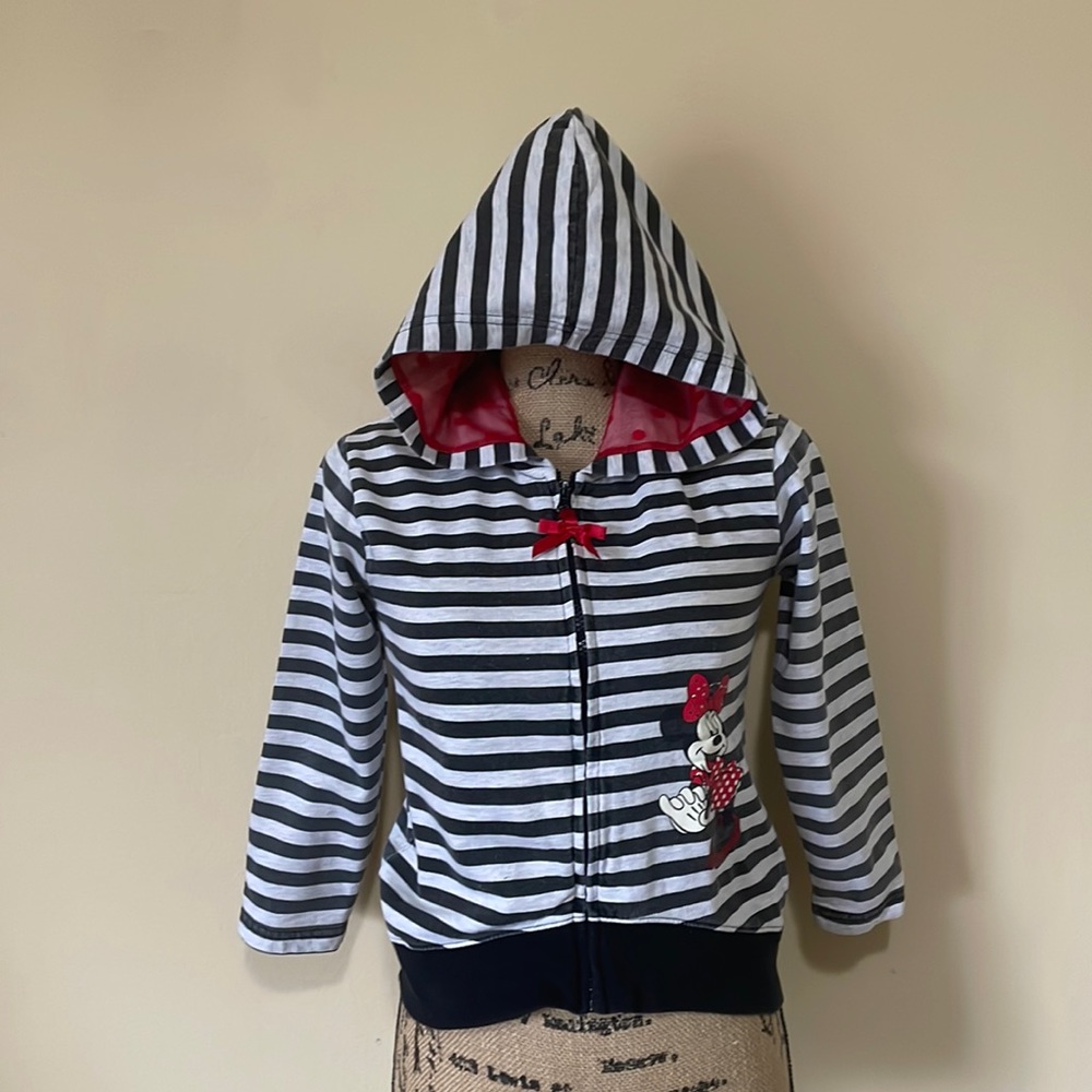 Disney striped sweater hoddie Minnie Mouse theme zipper front Sz: L